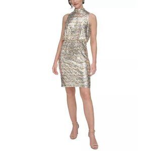 New Eliza J Womens 12 Petite Gold Silver Sequin Blouson Halter Cocktail Dress
